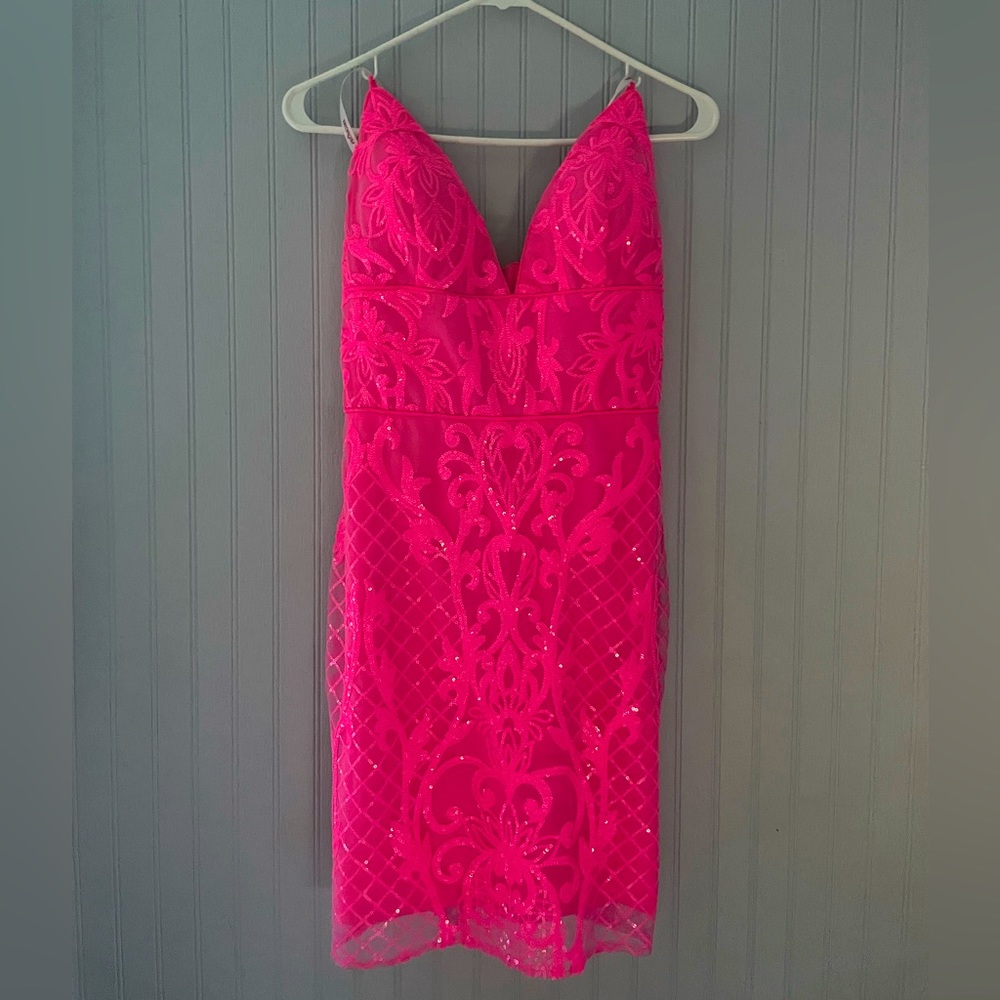 Hot pink formal dress with sequin details